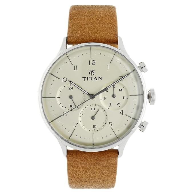 Titan On Trend Quartz Multifunction Beige Dial Tan Leather Strap Watch for Men - NT90102SL01